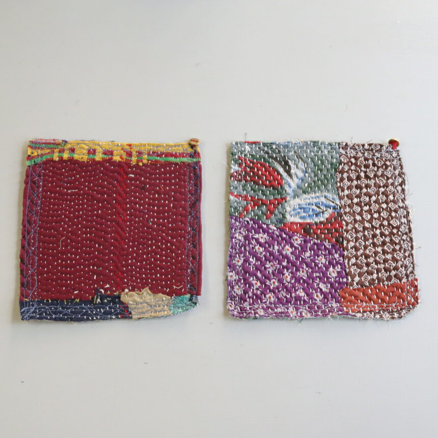 Cotton - コースター12cm 2枚組　カンタ刺繍 インド刺し子ヴィンテージカンタ