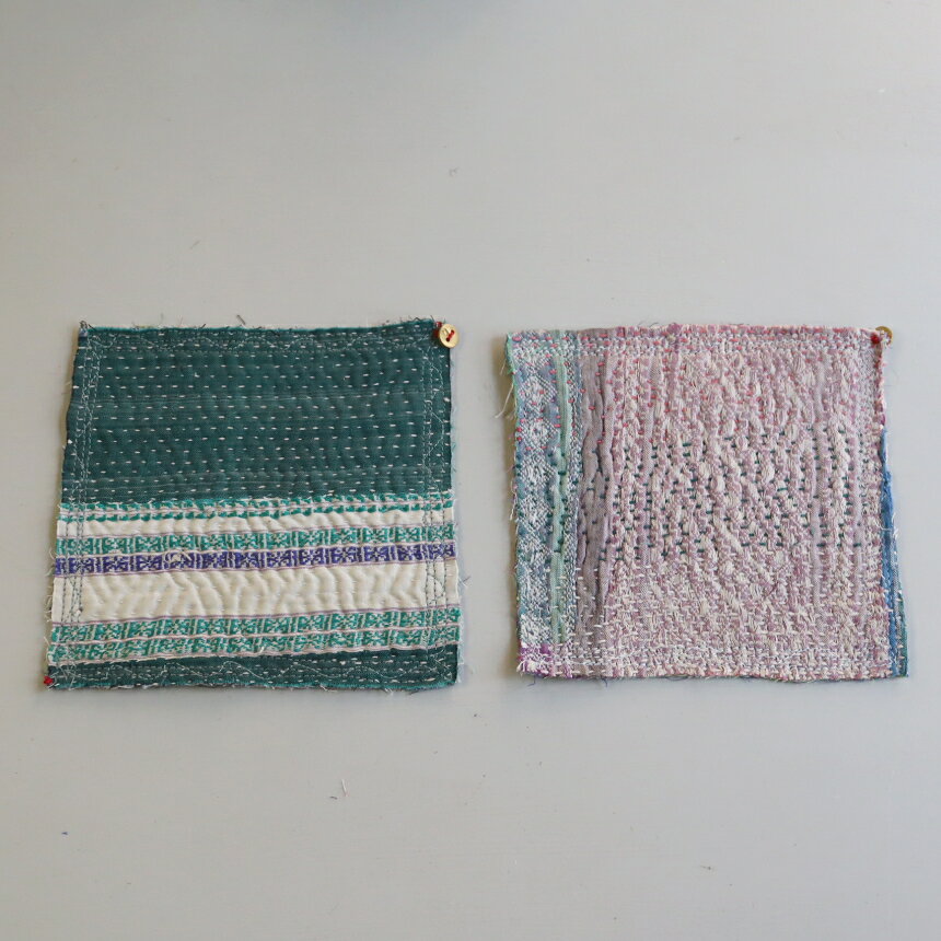 Cotton - コースター12cm 2枚組　カンタ刺繍 インド刺し子ヴィンテージカンタ