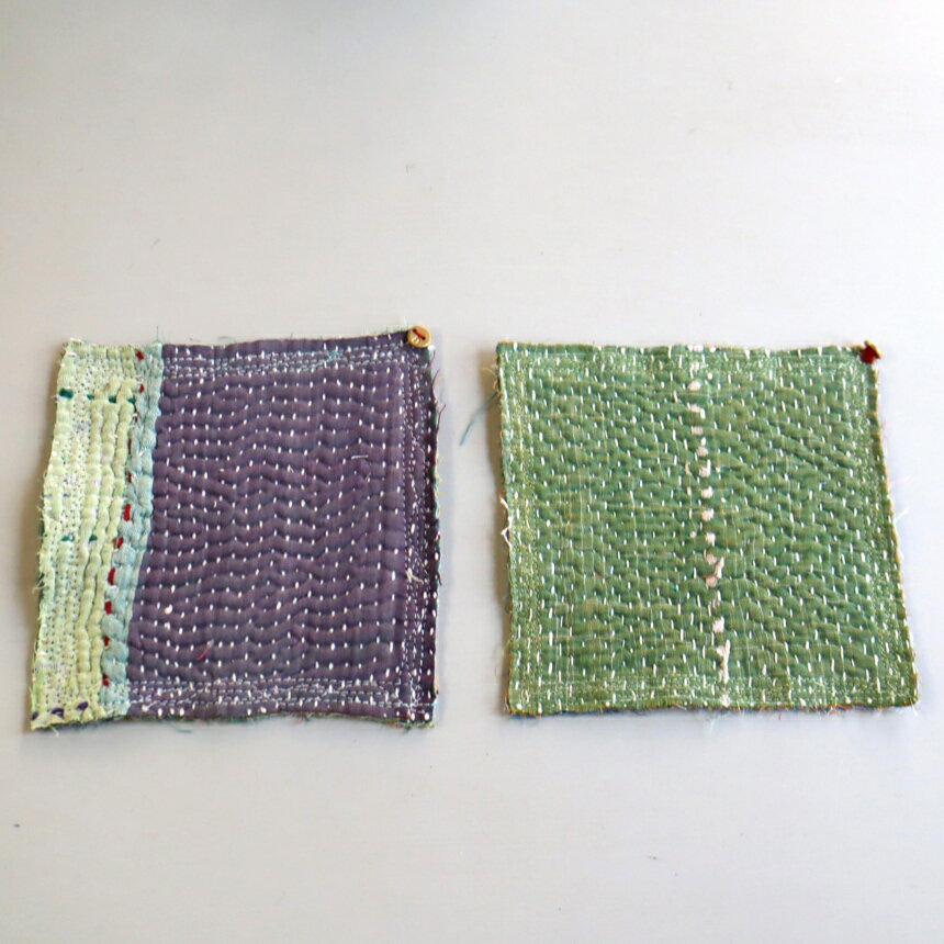 Cotton - コースター12cm 2枚組　カンタ刺繍 インド刺し子ヴィンテージカンタ