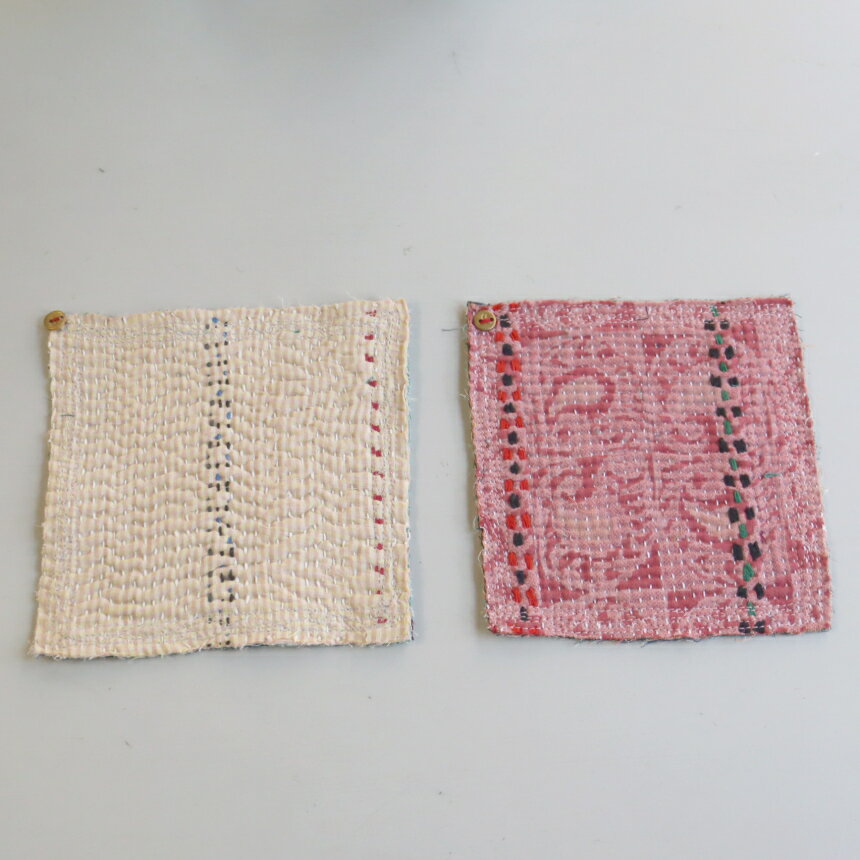 Rakuten - コースター12cm 2枚組　カンタ刺繍 インド刺し子ヴィンテージカンタ
