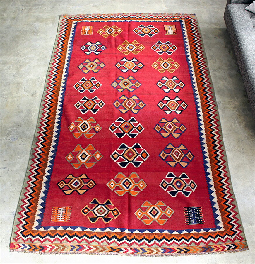 オールドキリム カシュカイ族　遊牧民の手織りキリム　Qashkai tribe Flat weaven kilim247×146cm明るいレッド　ベレケットモチーフ