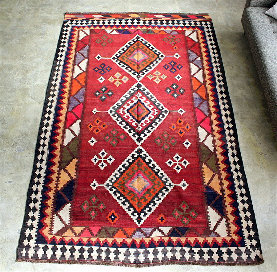 【15%OFFクーポン対象品】遊牧民の手織りキリム　オールドキリム カシュカイ族　Qashkai tribe Flat weaven kilim245×150cm3つのドラゴン