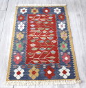 Turkish Kilim 手織りの草木染キリム・コンヤ　ヤストゥクサイズ97×63cm麦の穂と花　レッド/インディゴブルー