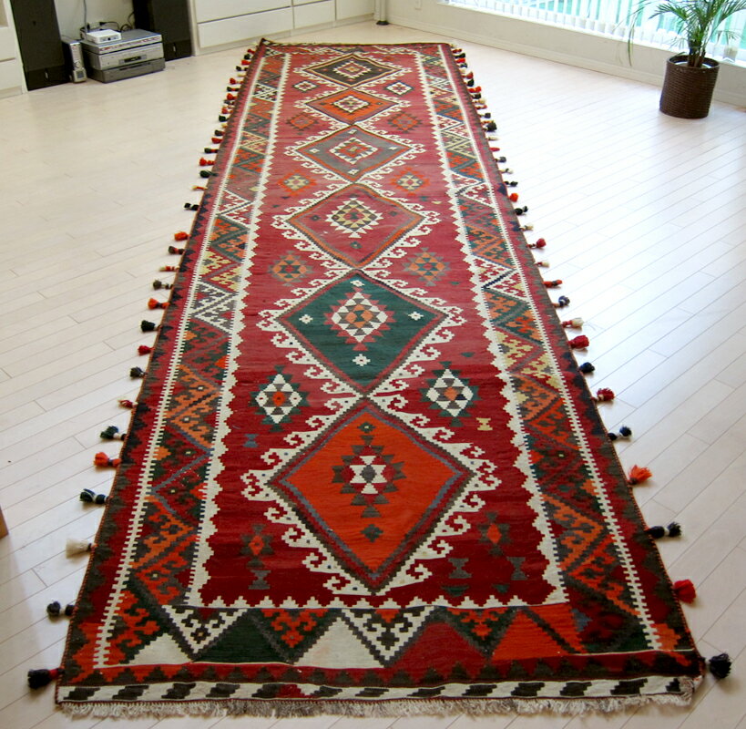 オールドキリム イラン キリム 手織り ・カシュカイ族シラーズ515×128cmロングランナー（テント装飾用）6つのメダリオン