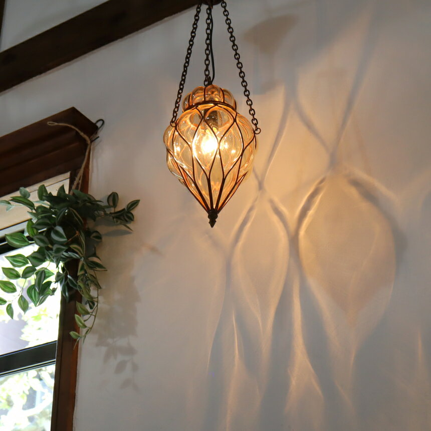 【10%OFFクーポン対象品】トルコランプ ガラスペンダントランプ マウスブロー アイアンワークバル/トレリス 直径16cm 全長54cm [2]