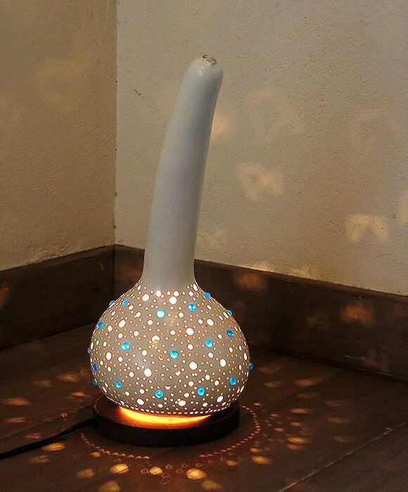 トルコランプ/ひょうたんテーブルランプ・ホワイトペイントのシンプルなブルービーズ/E17電球25W付属　//Turkish Gourd lamp, BOHO, Oriental Lamp