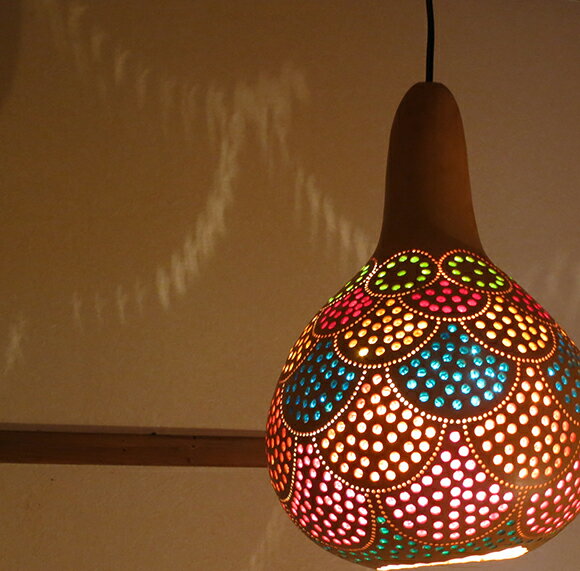 ひょうたんランプ/Turkish Gourd lamp, 天井照明　エスニック照明・素材を活かした天然色 トルコ/ボドルム産　手作り　一点もの/E17電球25W付属　/店舗照明・エスニック・BOHO・輸入照明