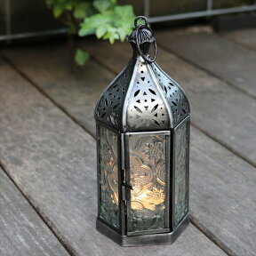 【15%OFFクーポン対象品】モロッコランタン・キャンドルホルダー　高さ17.5cm　オリエンタルランプ6面のレリーフガラス　Morocco Lantern Candle holder