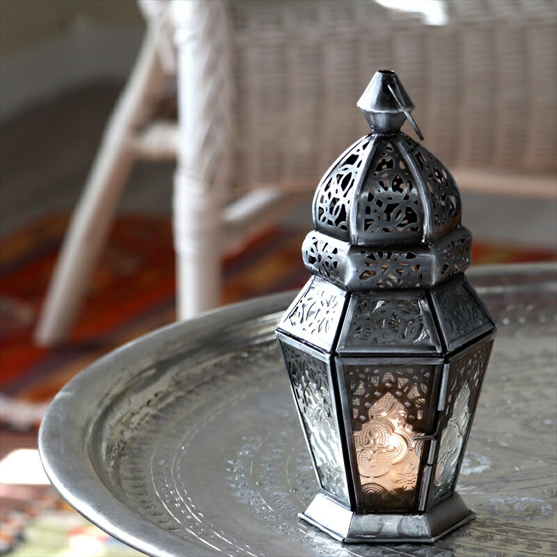モロッコランタン キャンドルホルダー 高さ23cm オリエンタルランプ6面のレリーフガラス Morocco Lantern Candle holder