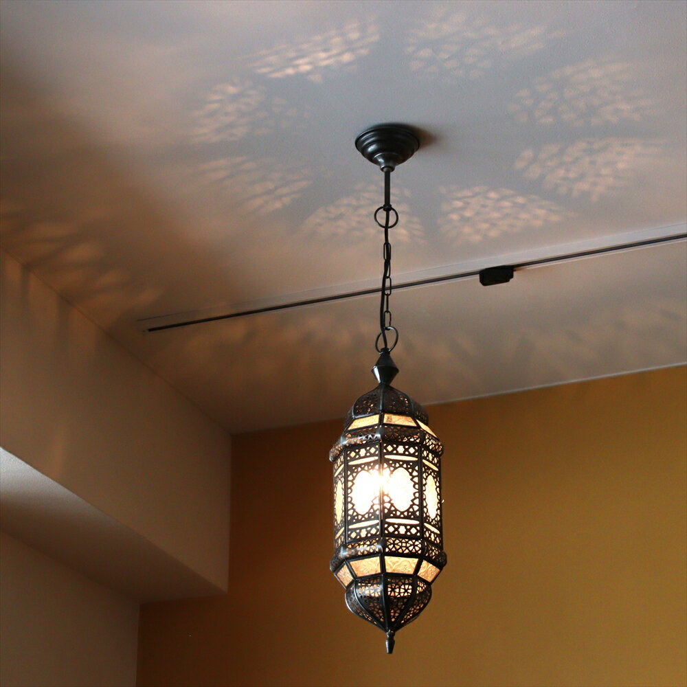 ガラスペンダントライト モロッコランプ アラビア風 直径16cm 全長87cm 8面のレリーフガラス Morocco Lantern/ 25W1灯 ペンダントランプ1灯