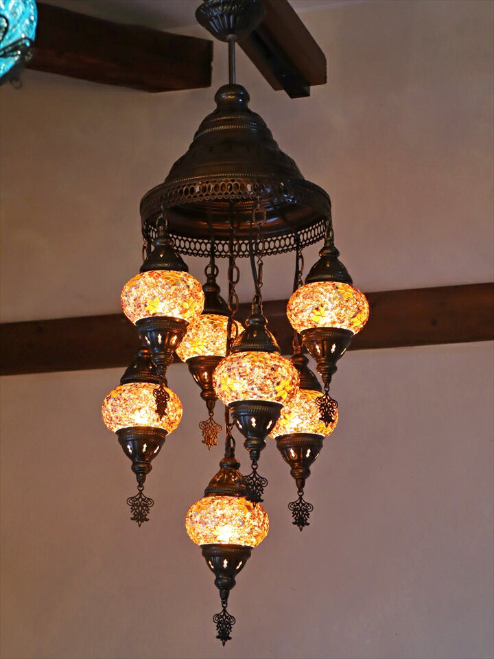 モザイクガラスシャンデリア トルコランプ 7灯 小さめのガラス 全高89cm 直径36cm アンバー E17/15W [2]