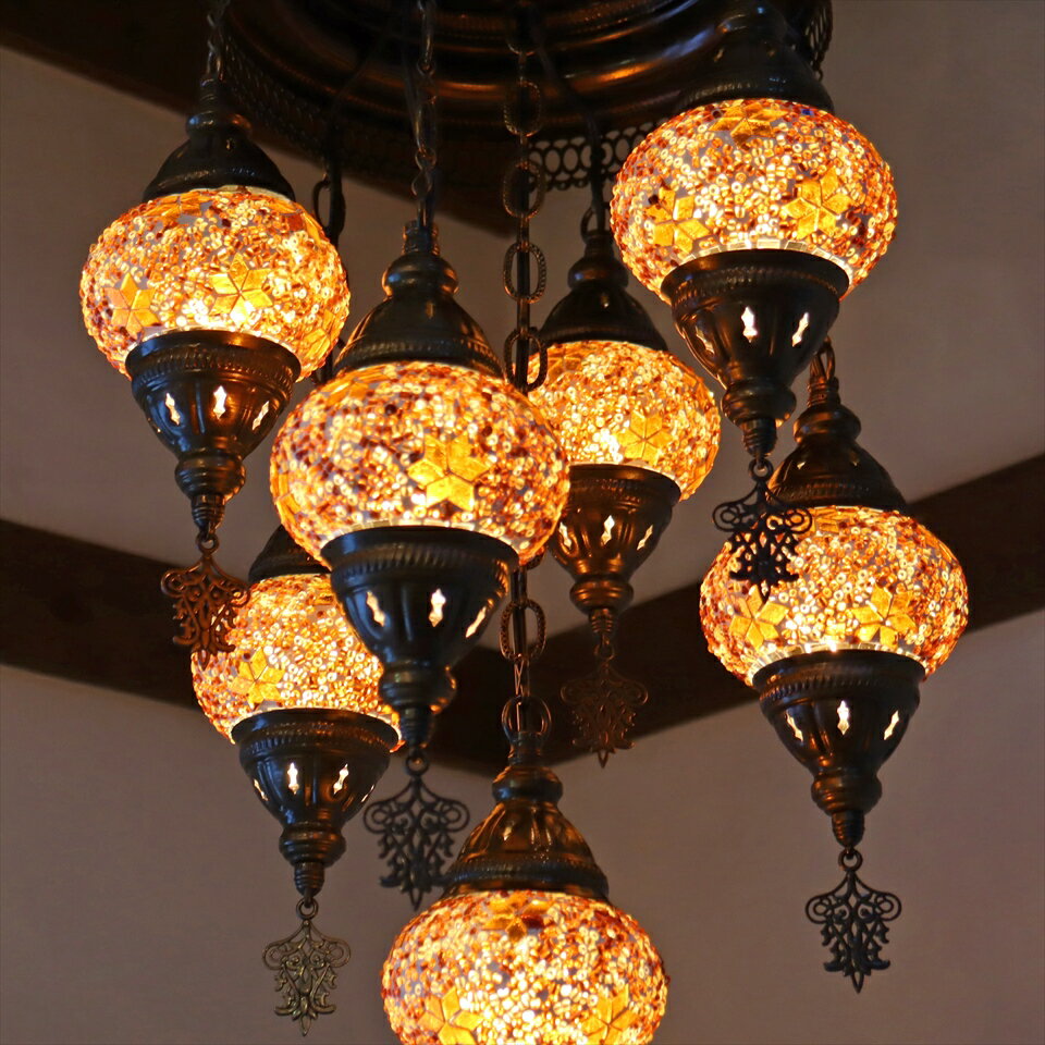 モザイクガラスシャンデリア トルコランプ 7灯 小さめのガラス 全高89cm 直径36cm アンバー E17/15W [3]