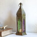 モロッコランタン・キャンドルホルダー 高さ29cm リラ&グリーン 6面のレリーフガラス Morocco Lantern Candle holder