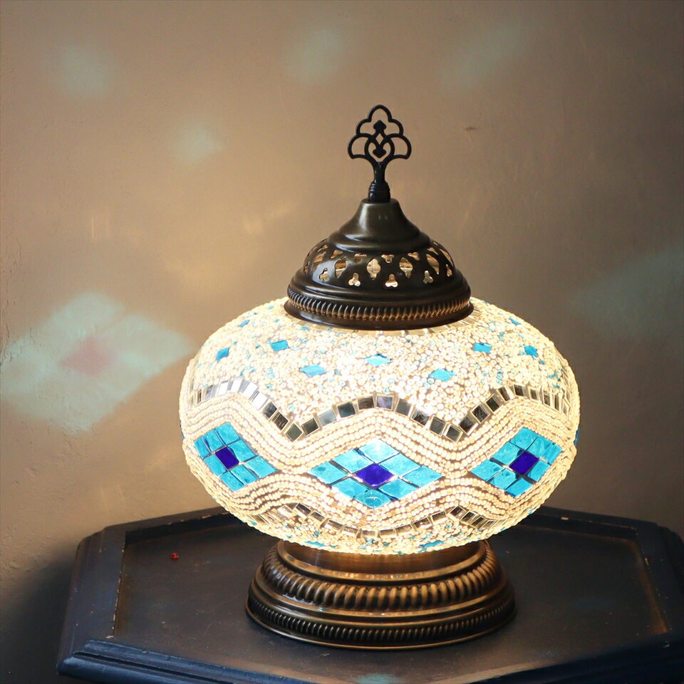【10%OFFクーポン対象】トルコランプ モザイクランプ テーブルランプ 全高32cm 直径24cm ホワイト/ブル..