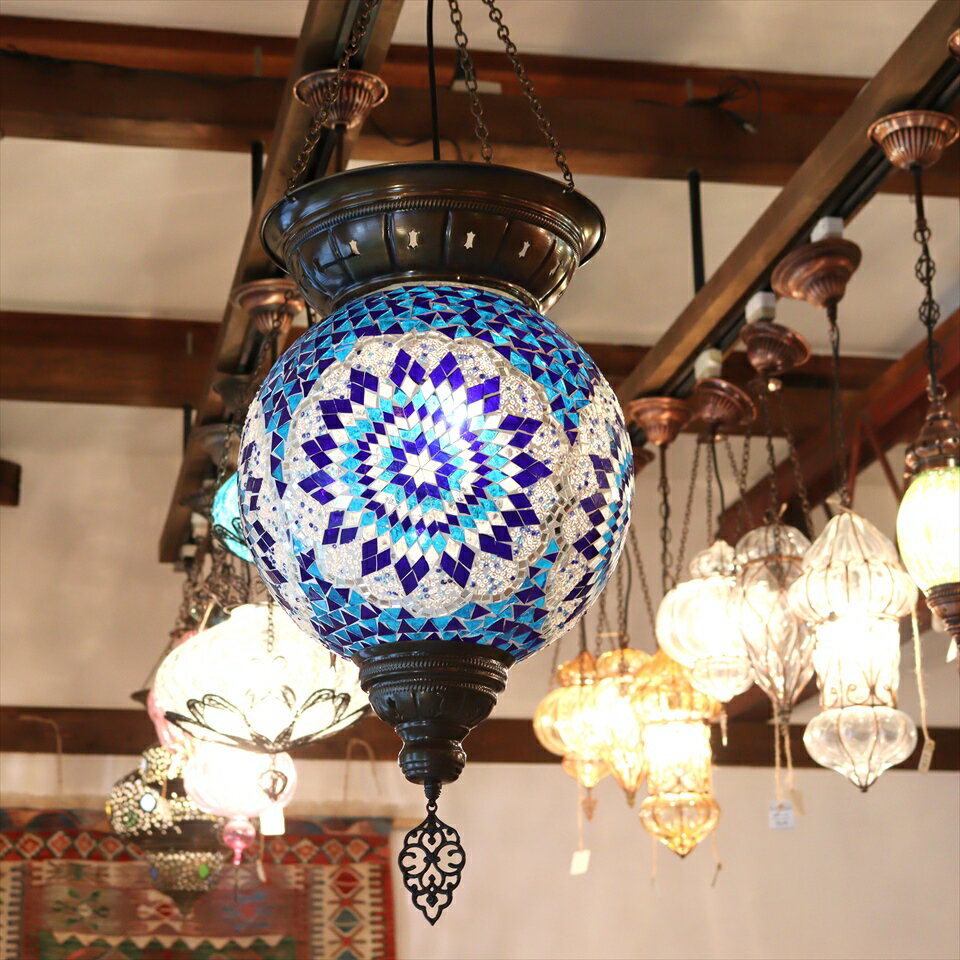 【10%OFFクーポン対象】トルコランプ モザイクランプ 直径30cm 全高98cm ボール型 大型ペンダントランプ ブルー