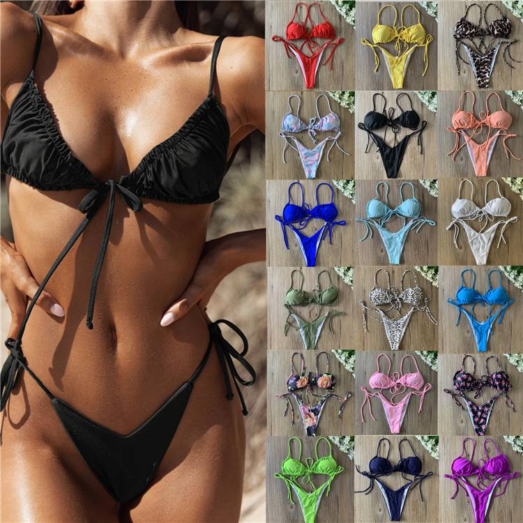 トライアングルビキニ ギャザ ブラジリアン 紐ビキニ ビキニ 三角 ハイレグ セクシー ビキニ リボン Tバック風 無地 レディース