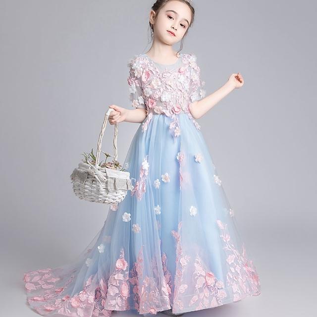 乐天商城 - ドレス フィッシュテール ロングスカート 女の子 ブルー 大人っぽい ピアノ キッズドレス 発表会 子 ロングドレス ロング 誕生日