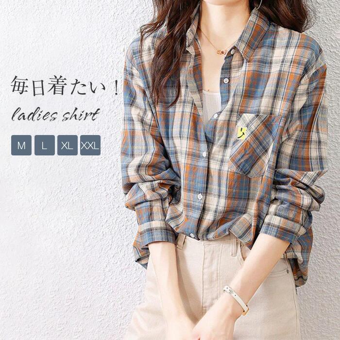 乐天商城 - ブラウス きれいめ チェック柄 綿 長袖 ブラウス 重ね着 シャツ 女性 トップス スタンダードカラー シャツブラウス レディース