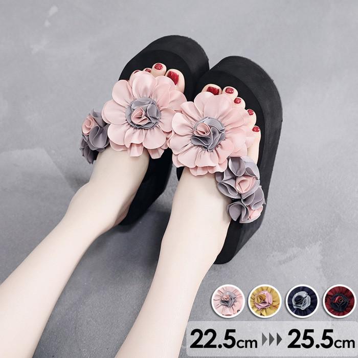 ビーチサンダル 花柄 フラワー レディース 厚底 サンダル ウエッジソール ヒール6cm 美脚 サマー 夏 か..