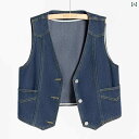 レディース ファッション オシャレ カワイイ 女性用 シンプル 大人カワイイ Vネック ダーク ブルーデニム ベスト 春 秋 スタイル ノースリーブ コート チ...