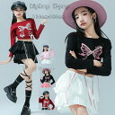 キッズ へそ出し トップス ダンス衣装 女の子 おしゃれ かわいい 蝶柄 Tシャツ 粉 黒 赤 Tシャツ 舞台 団体服 演出服 キッズ ダンスウェア hiphop K-pop 長袖 ステージ衣装 jazz 原宿系 運動会 応援団 ティアードスカート 大人気 ストリートダンス ジャズダンス 110-180
