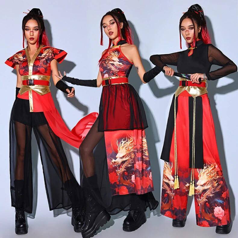 赤 セットアップ 女子グループ 大人 レディース 演出服 チャイナ風 社交ダン 黒 龍柄 ジャズダンス ダンス衣装 金 派手 おしゃれ