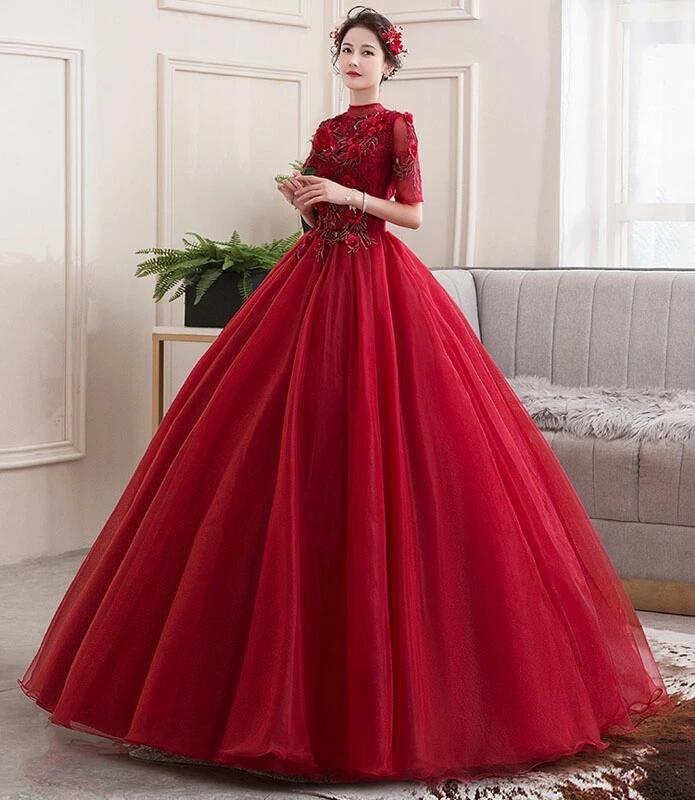 上品 衣装 スタンドカラー 赤 演奏会用ドレス レッド 花嫁 プリンセスラインドレス 結 ロングドレス 二次会 ウエディングドレス(4.0)