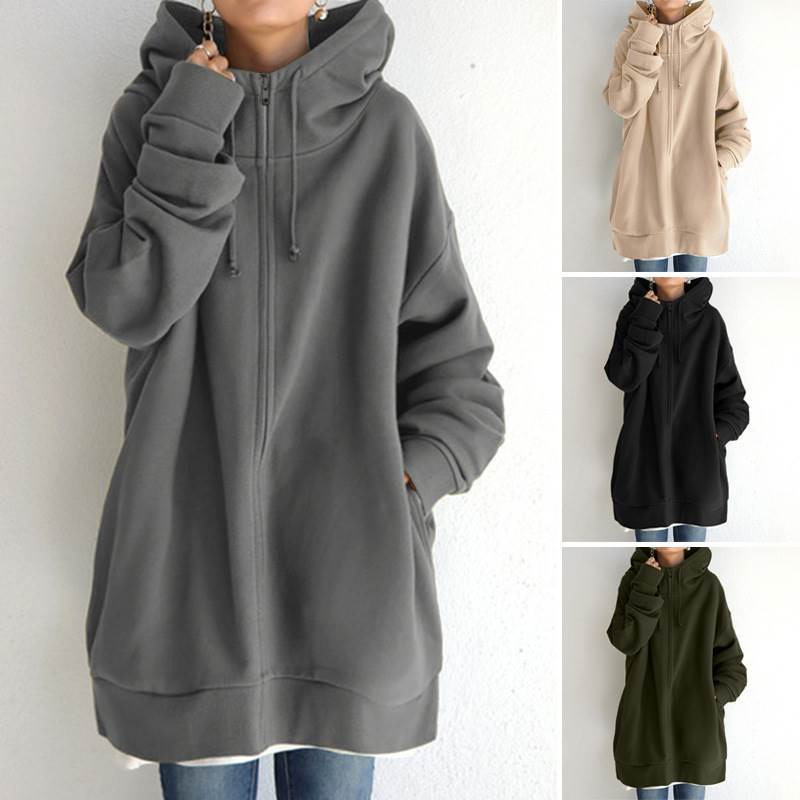 Rakuten - チュニック丈 ジャケット 上着 ハイネックフーディー ドロップショルダー 長袖 ジップアップパーカー レディース ミディアム丈