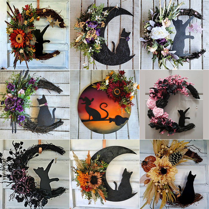 ハロウィン 飾り ハロウィンオーナメント 壁掛け飾り 猫 花 月型 玄関 部屋 北欧 装飾 ハロウィン リース 玄関リース ドアリース