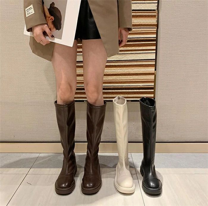 膝丈 シューズ 美脚 靴 仕事 ロングブーツ おし ストレッチ レディース ジョッキーブーツ 歩きやすい ..