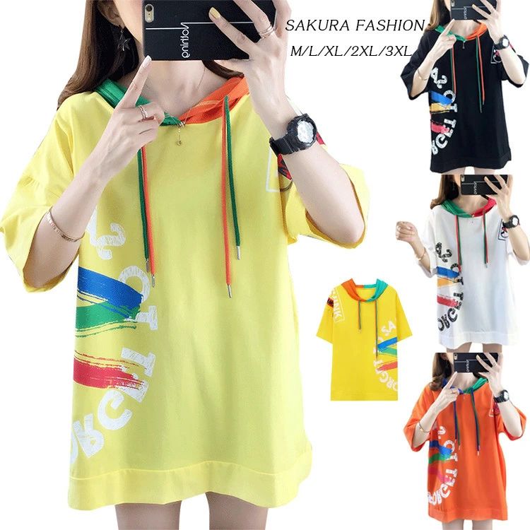 乐天商城 - 夏 tシャツ トップス おし レディース 英語 綿混 ロゴプリント バイカラー ロングtシャツ 半袖tシャツ コットン混 フード付き