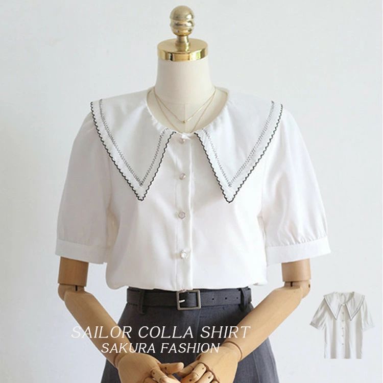 トップス セーラーカラー 夏 春 ゆったり シャツブラウス レディース セーラートップス 半袖 ピューリタンカラー シャツ 白シャ