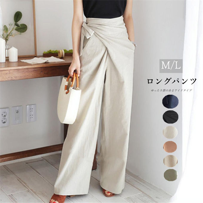 Capri Pants - レディース パンツ ロングパンツ きれいめ ワイドパンツ 体型カバー ガウチョパンツ ウエストリボン 韓国ファッシ リネンパンツ