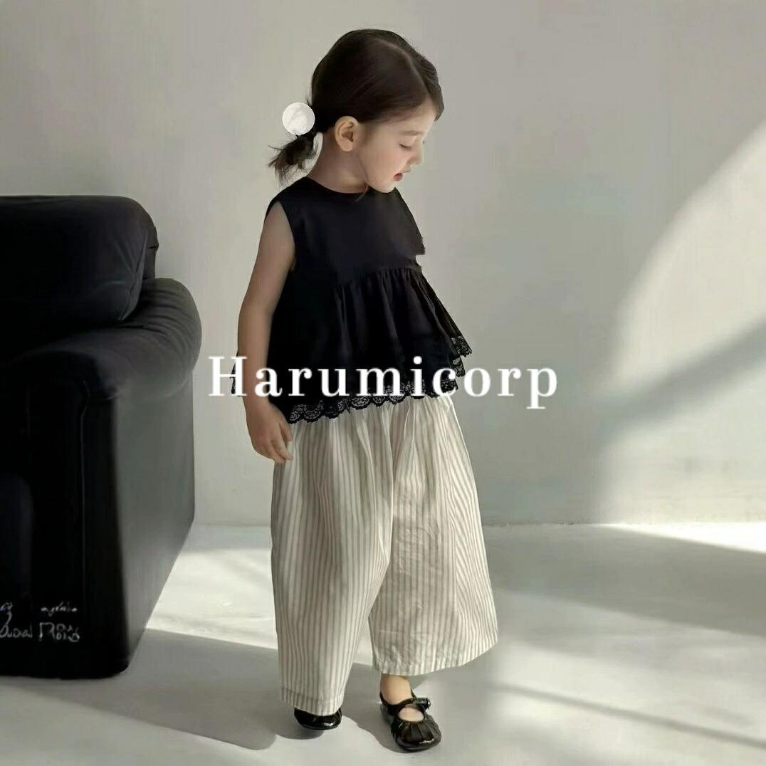 セットアップ キッズ 韓国子供服 女の子 春 夏 ベビー服 上下セット レース シャツ ガウチョパンツ ストライプ 子供服 トップス ボトムス ロングパンツ ジュニア 赤ちゃん おしゃれ 可愛い 入学 入園 幼稚園 小学生 お出かけ 90 100 110 120 130cm 誕生日 プレゼント