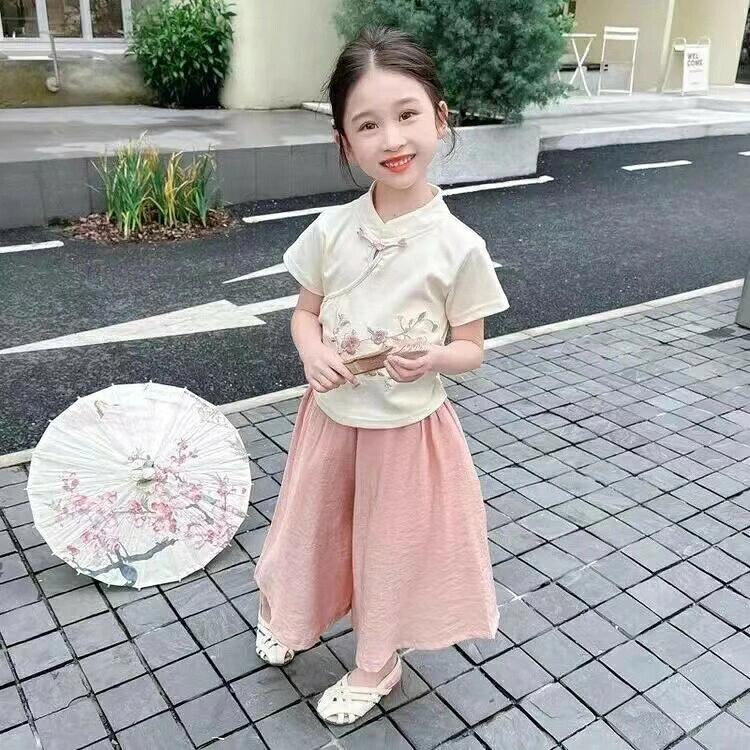キッズ 子供服 セットアップ 上下セット Tシャツ+パンツ 2点セット 夏 女の子 ジュニア tシャツ 薄手 ノースリーブ パンツ 長パンツ 長ズボン ワイドパンツ おしゃれ 可愛い トップス ボトムス 涼しい カジュアル 誕生日 プレゼント 幼稚園 小学生 1012色100-150