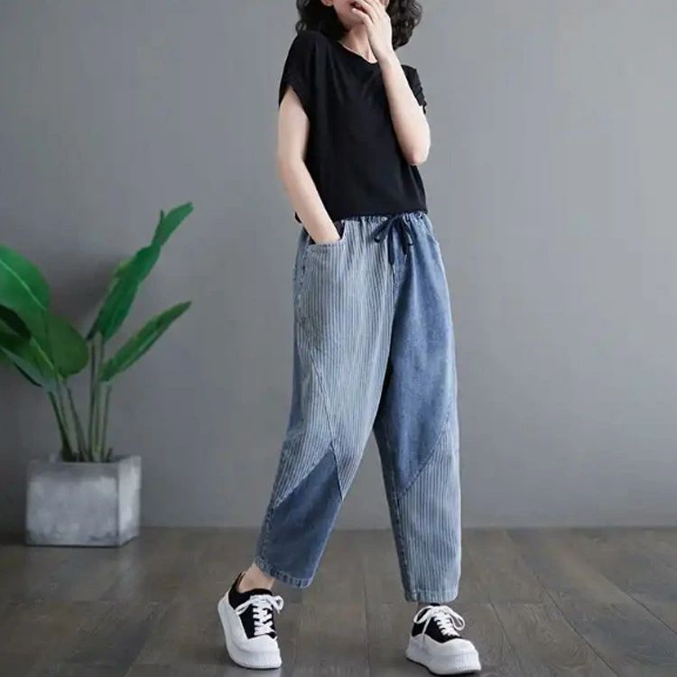 切り替え デニムパンツ ボトム デニム サルエルパンツ カーブ ワイドパンツ カーヴィーパンツ パッチワーク デニム ストライプ柄