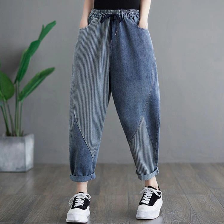 切り替え デニムパンツ ボトム デニム サルエルパンツ カーブ ワイドパンツ カーヴィーパンツ パッチワーク デニム ストライプ柄