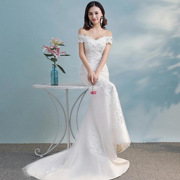 Rakuten - 優 オフショルダー 花嫁 パーティーに合う 結婚式 マーメイドライン ロングドレス フォーマルドレス 二次会 ウェディングドレス