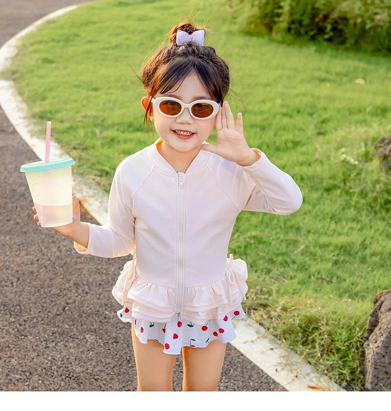 みずぎ 女の子 セパレート ラッシュガード キッズ水着 キャップ付き 女の子 ファスナー UVカット 紫外線対策 3点セット フリル水 - 2