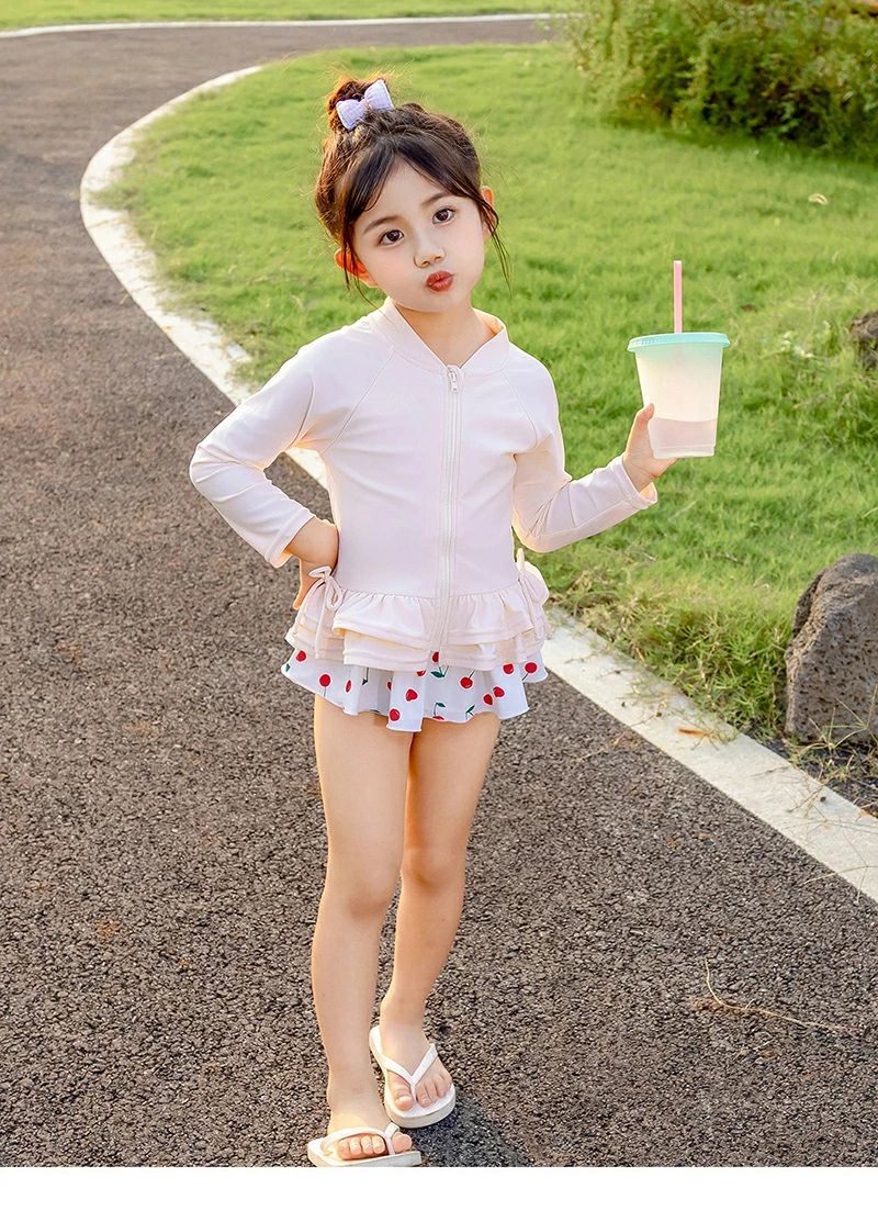 みずぎ 女の子 セパレート ラッシュガード キッズ水着 キャップ付き 女の子 ファスナー UVカット 紫外線対策 3点セット フリル水 - 3