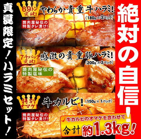 【延長中☆カルビ付き☆送料無料】絶賛やわらか貴重ハラミセット！（牛ハラミ180g×3、豚ハラミ200g×3)☆1セットに牛カルビ150gのオマケ付き！