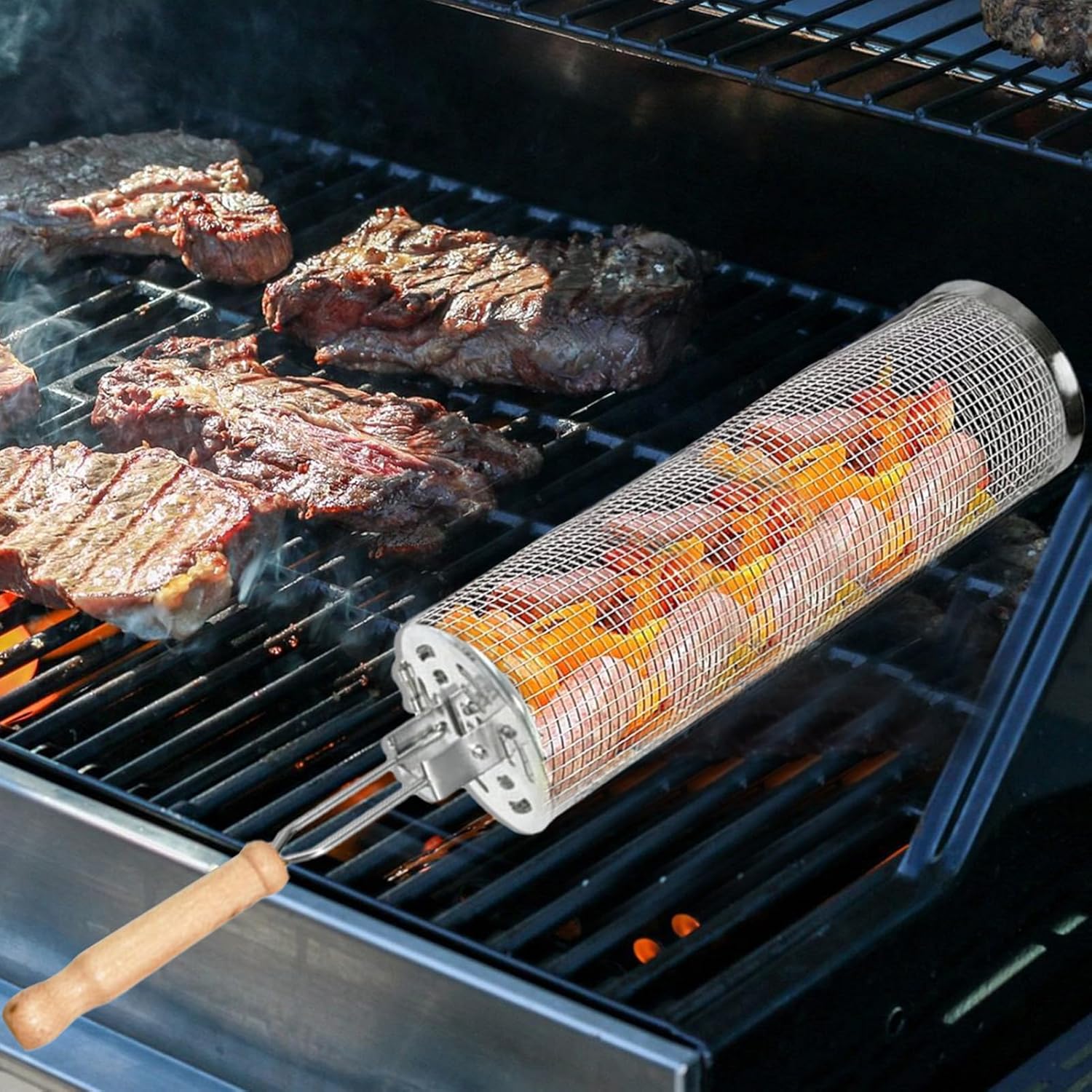 BBQグリルバスケット 2サイズセット 焼き網 折りたたみ式BBQネット、ローリングケ...