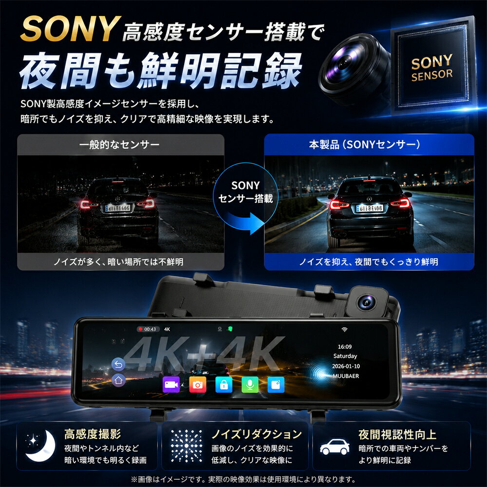 ドライブレコーダー ミラー型 4K 前後カメラ SONYセンサー搭載 12インチ大画面 デ...