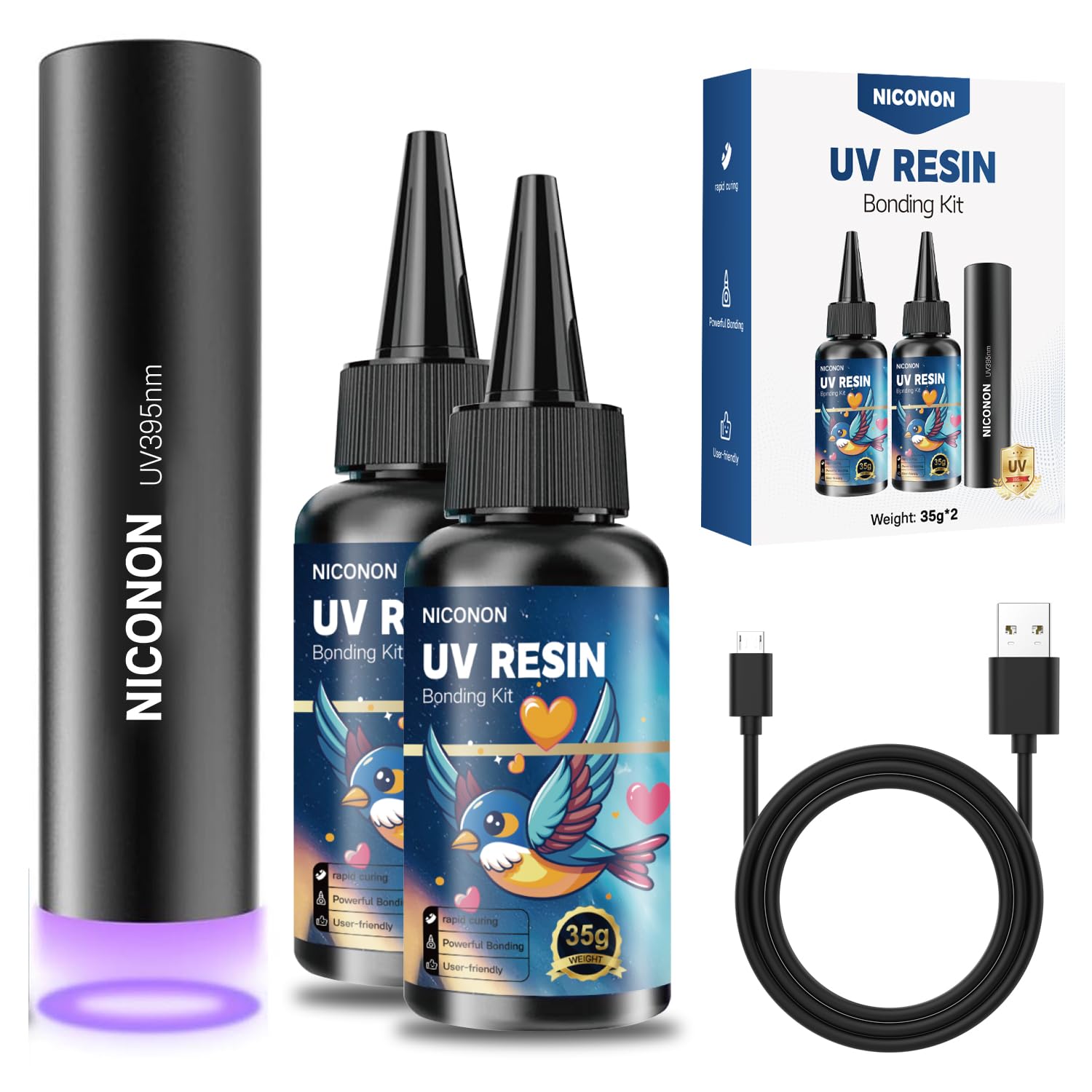  35g*2 強力瞬間接着剤 超多用途接着剤 UV接着剤 再充電可能なUV懐中電灯（395NM）付き 照射後約5秒で硬化 uvレジン 接着キット 陶磁器/金属/プラスチック/アクリル/ABS/ガラス/プラモデル/タイルなどの材料に適した接着剤 2本セット