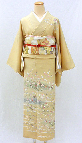 【レンタル 送料無料】　正絹訪問着フルセット　　「クリーム地に上品な草花 訪問着」　　〜入学式・パーティ・七五三に〜