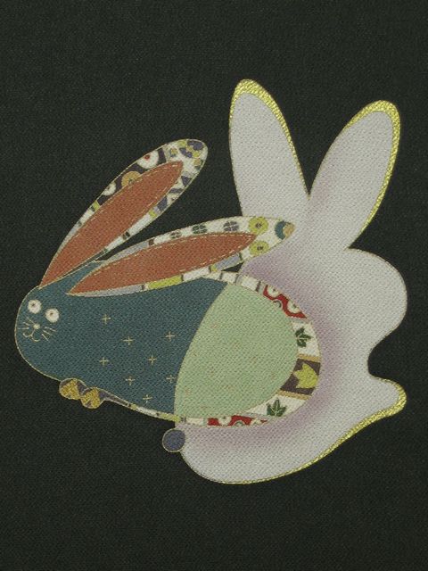 九寸名古屋染帯　鬼縮緬　うさぎ　濃い緑【送料無料】【染】【名古屋帯】【縮緬】【うさぎ】【smtb-k】【ky】小紋紬　プレミアム