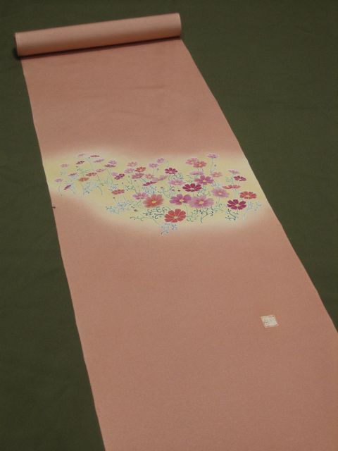 手描き九寸名古屋染帯　秋桜(コスモス)　サーモンオレンジ【名古屋帯】【染】【正絹】【秋桜】【送料無料】【smtb-k】【ky】