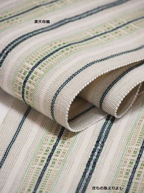 島田末美氏作　手織り首里織四寸帯　本場首里道屯織(ロートン織)　白地に緑の縞【半幅帯】【半巾帯】【経済産業大臣指定伝統的工芸品】【沖縄県指定伝統工芸品】【送料無料】【smtb-k】【ky】のサムネイル