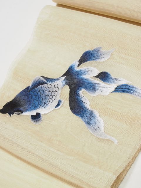 ◆再入荷◆帯の誉田屋謹製　夏用紗九寸名古屋帯　金魚の刺繍　生成り地に藍【なごや帯】【誉田屋源兵衛】【 ...