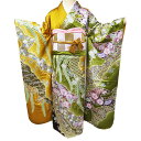 【 中古 】 振袖 着物 リサイクル 正絹 袷 花模様 辻が花 絞り 銀通し 黄金色 鶯色 多色 身丈164cm 裄68.5cm L A948-1 [ 和服 振...